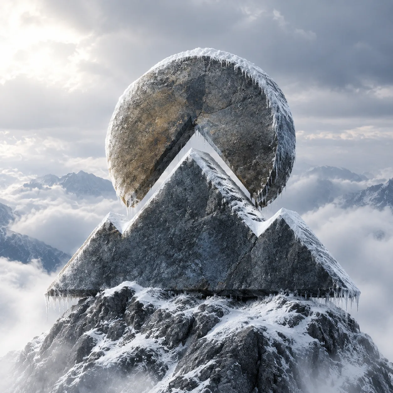 山峰加太阳的 Logo 被雕成巨大的冰霜石碑，矗立在积雪的岩石峰顶，边缘挂着冰凌，下方是云海