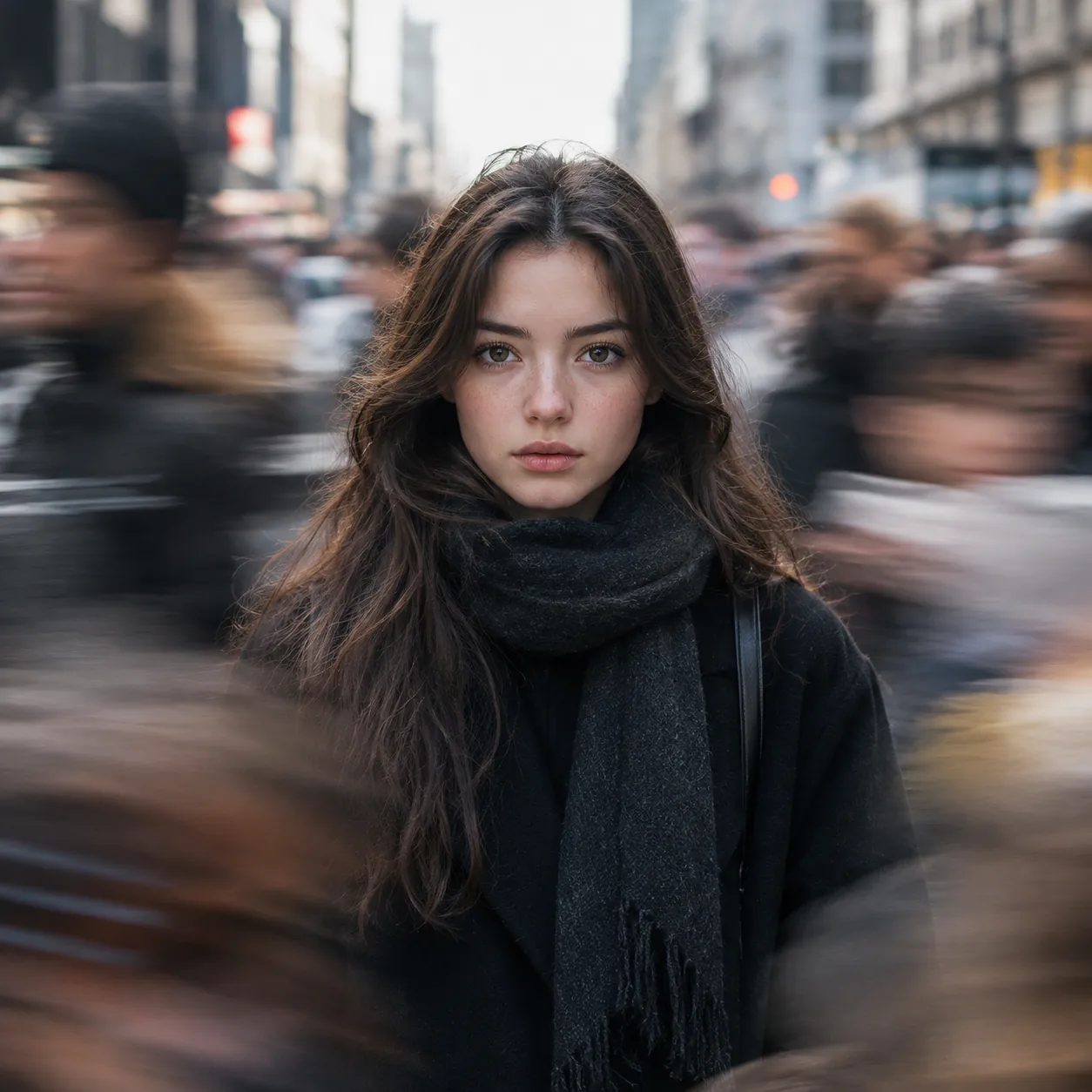 Young woman in a dark coat and grey scarf stands still and sharp on a city street while blurred crowds streak past her