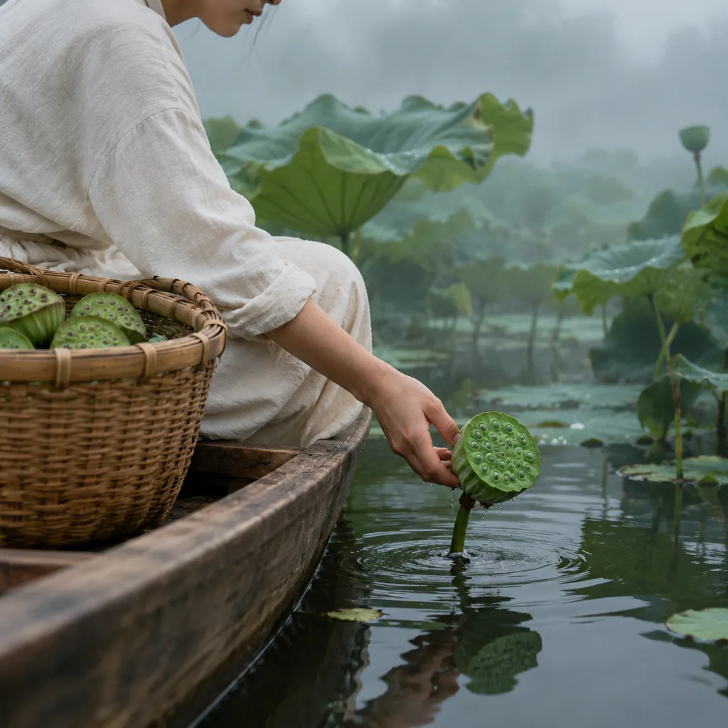 Person in cream linen on a wooden boat lifting a lotus seed pod from a misty pond, a basket of pods beside them