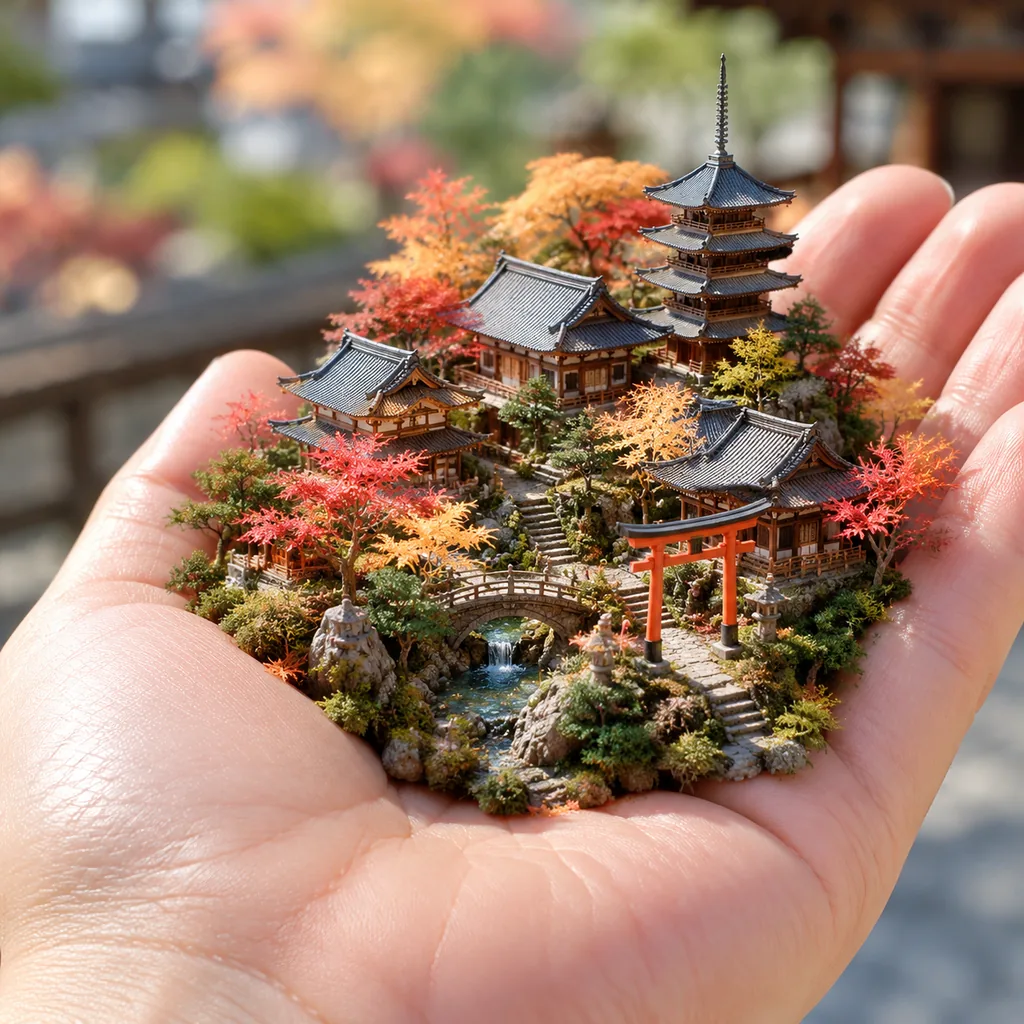 Miniature Kyoto temple district resting in an open human palm, macro light
