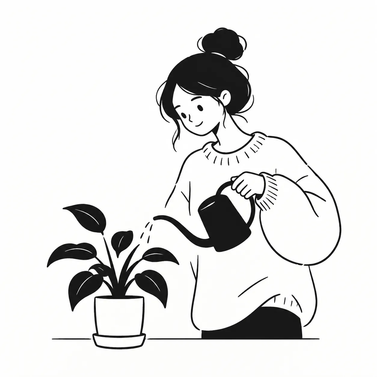 Minimal black-and-white line drawing of a young woman with a bun in an oversized sweater watering a potted plant, on white