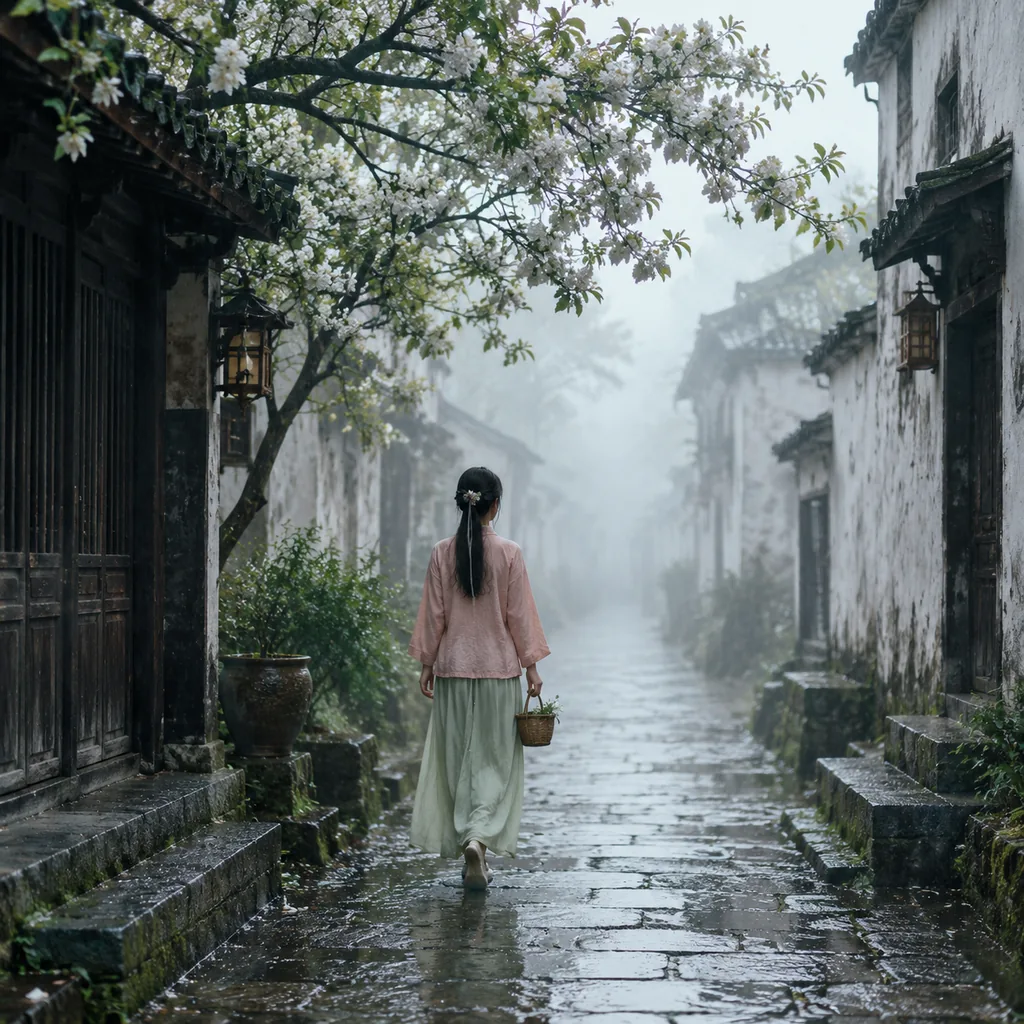 Woman in a pink jacket and pale green skirt seen from behind walking a wet stone lane in an old Chinese town under white blossoms and mist