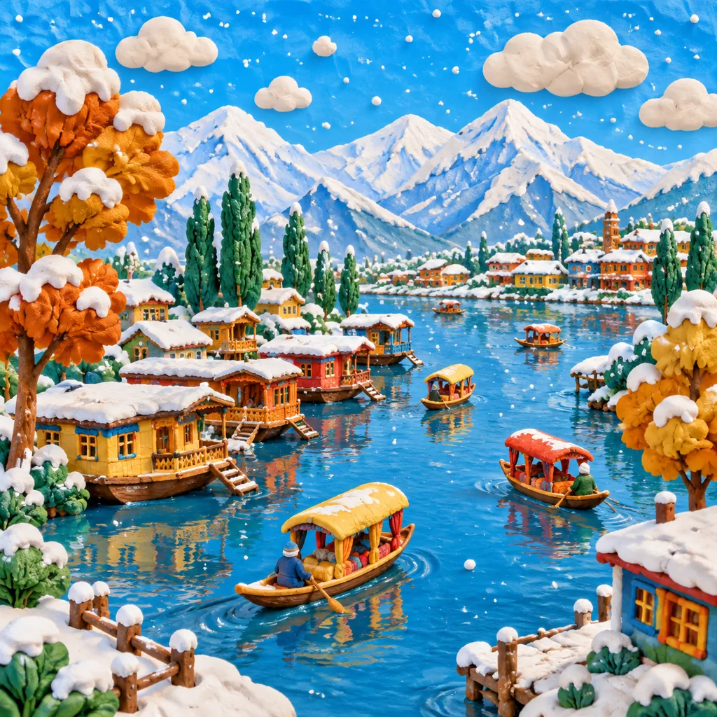 Colourful modeling-clay miniature of snowy Dal Lake in Kashmir with houseboats, shikara boats and chinar trees
