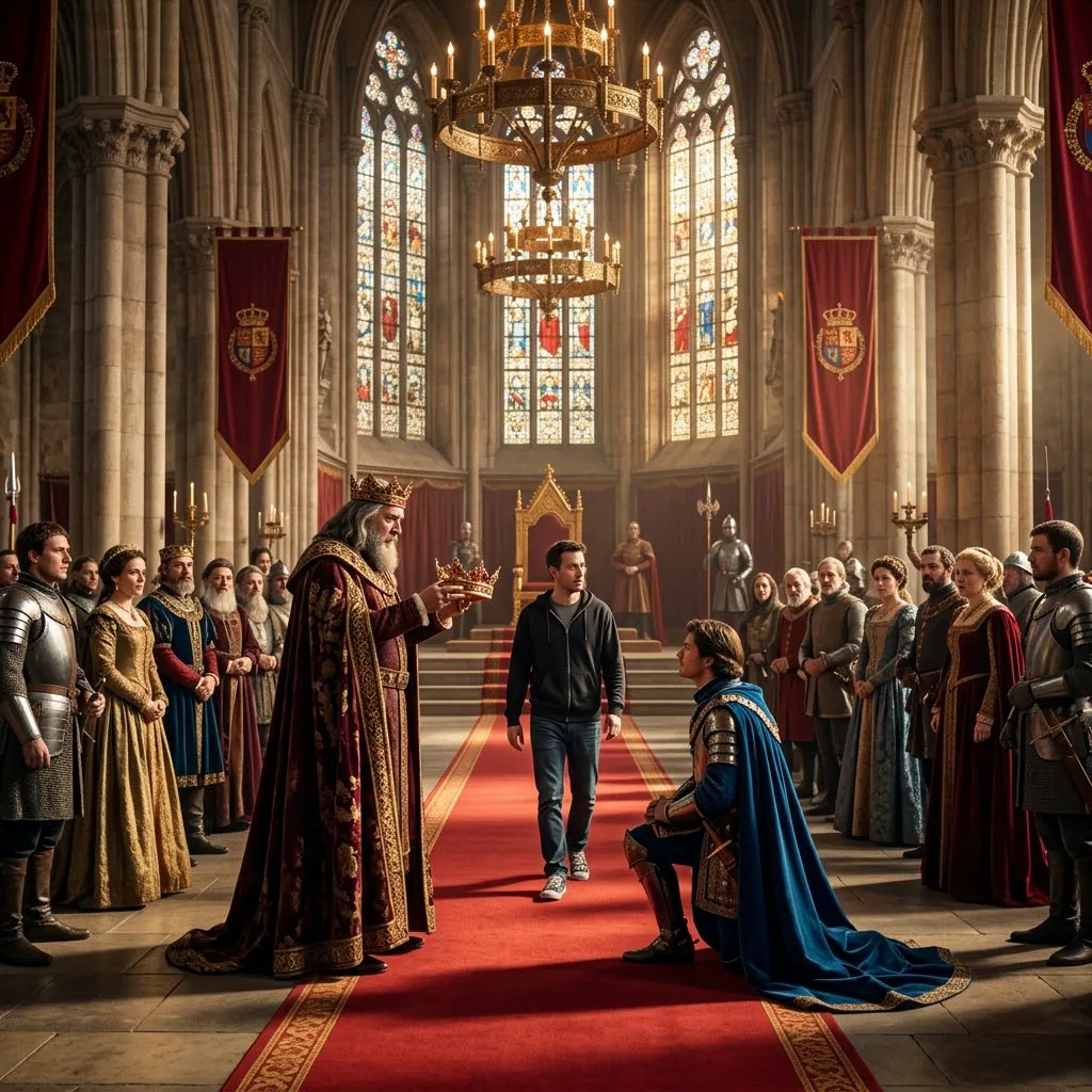 Throne room where a king holding a golden crown above a kneeling prince freezes as a man in a hoodie walks between them