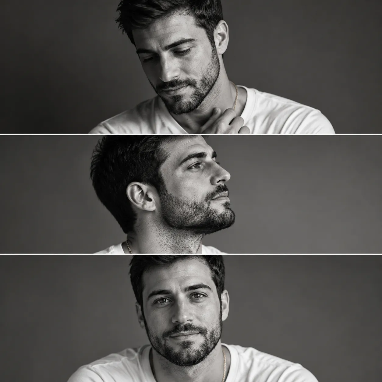 Black-and-white triptych of a bearded man in a white T-shirt: looking down with hand at collarbone, upward profile, and frontal portrait