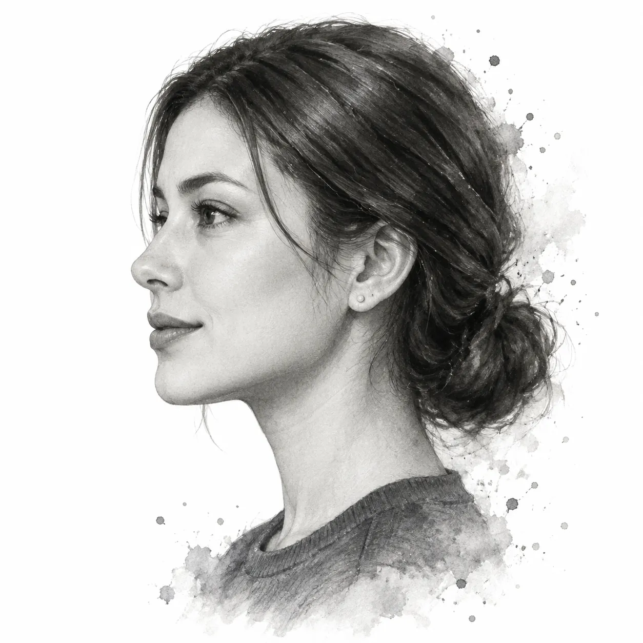 Monochrome ink portrait of a woman in left-facing side profile with a low bun, soft grey washes and ink splatter on a white background