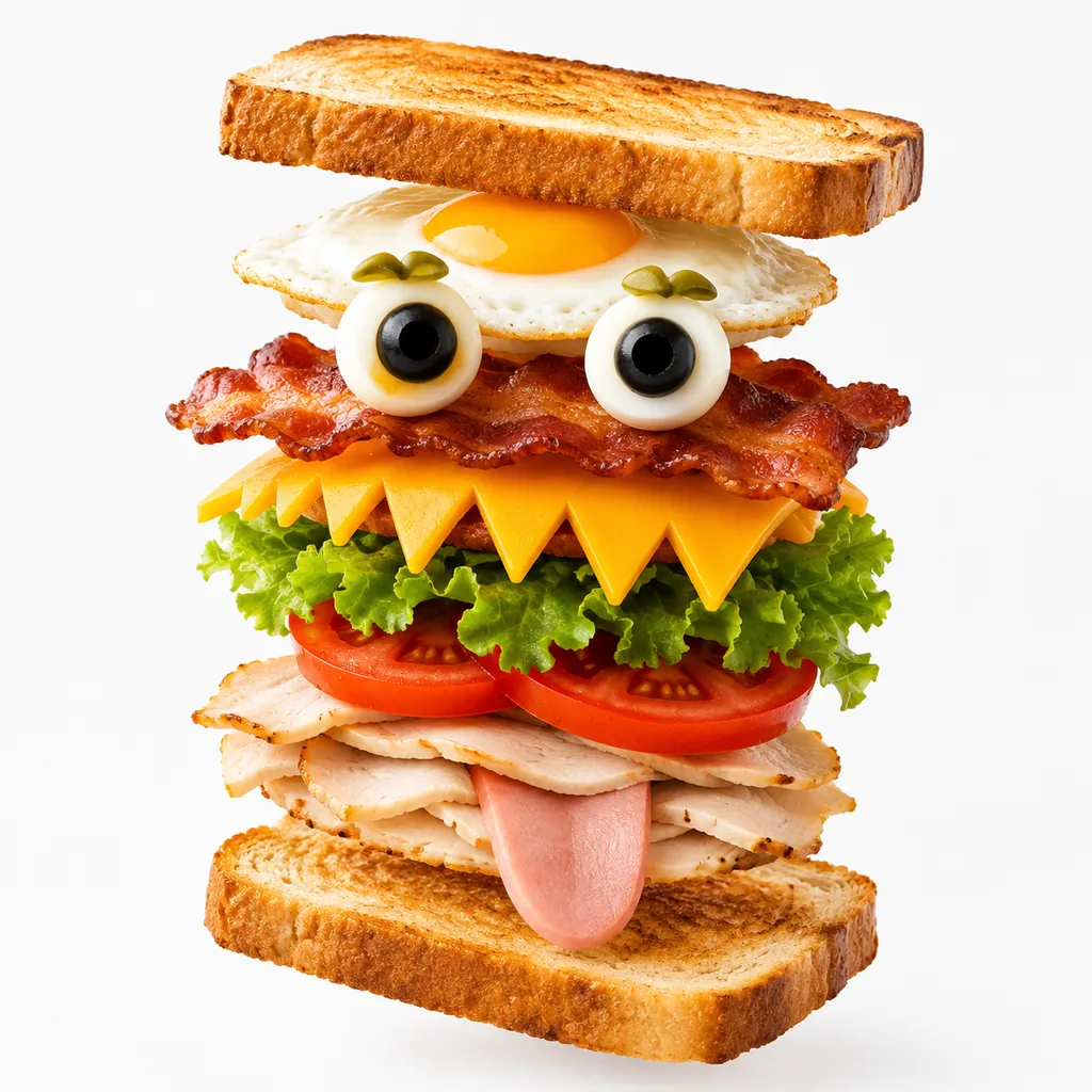 Exploded club sandwich layers forming a playful monster face