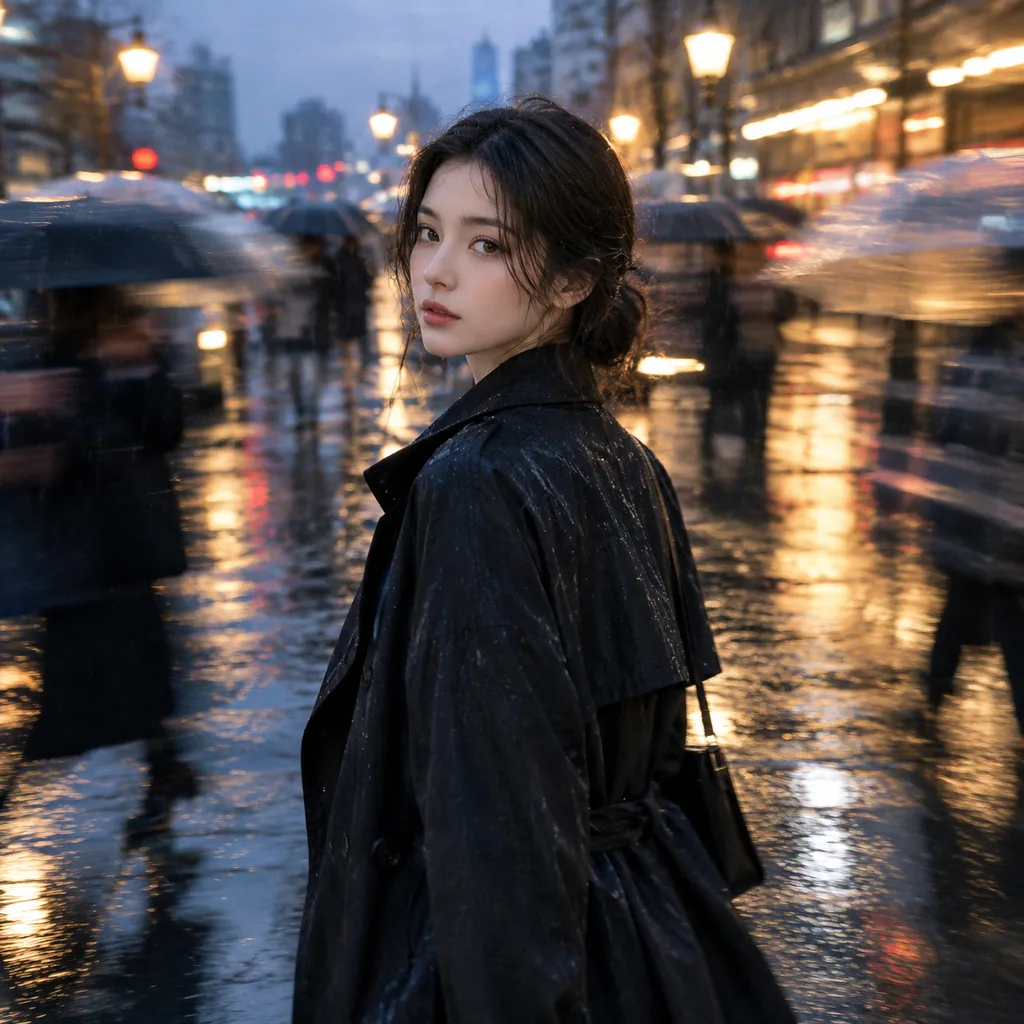 Woman in a trench coat walking through rainy dusk streets, motion-blurred umbrellas, sharp face