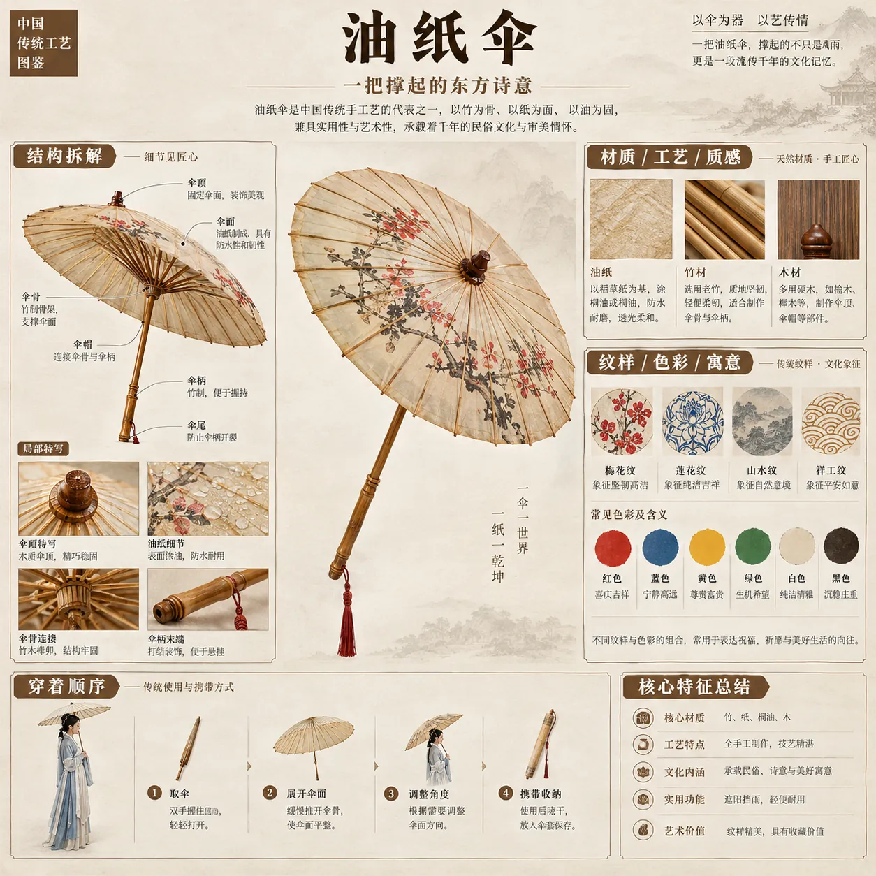 Museum-style Chinese infographic about the oil-paper umbrella: open painted umbrella, labelled parts, bamboo and paper material swatches, motif and colour panels