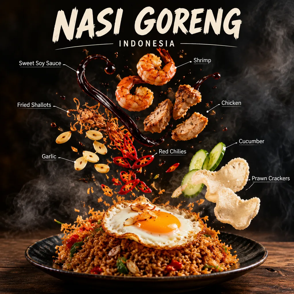 Nasi goreng with floating shrimp chilies and labeled ingredients