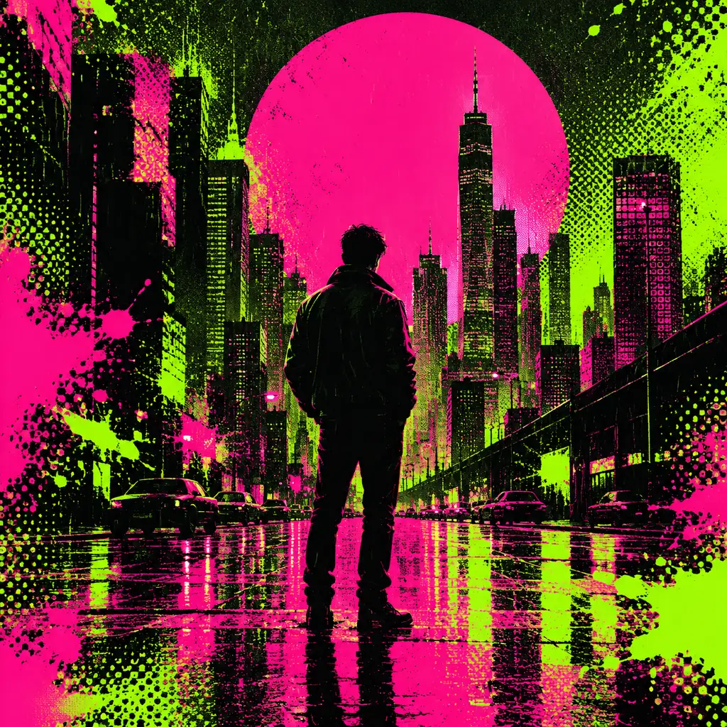 Neon pop-art poster of a lone silhouette in a rainy street, pink sun