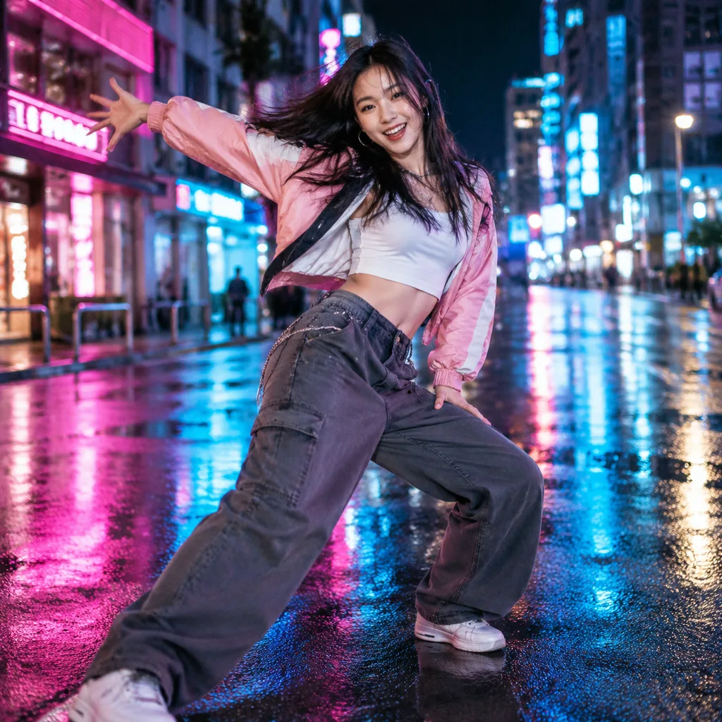 Dancer frozen at a peak street-dance move on a wet neon street at night