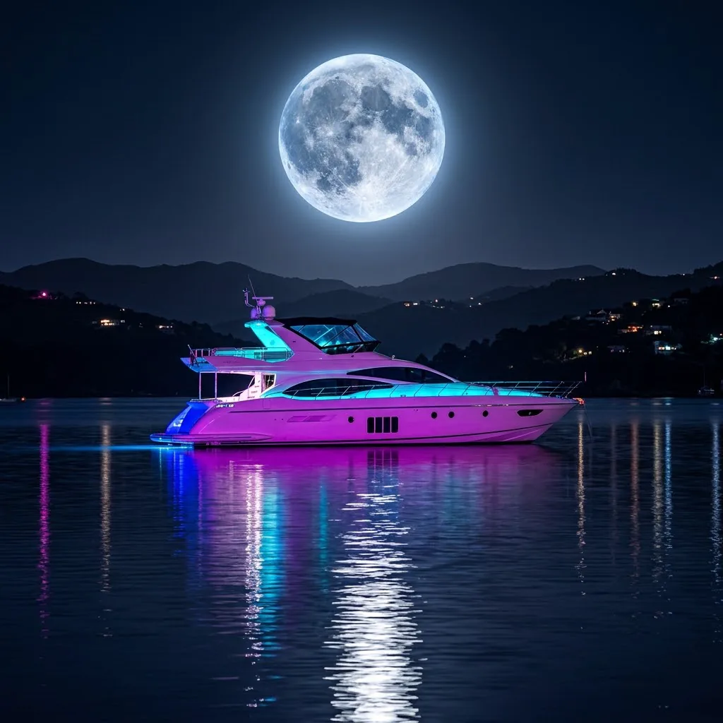 White motor yacht glowing neon magenta and cyan on calm black water under a huge full moon and dark hills