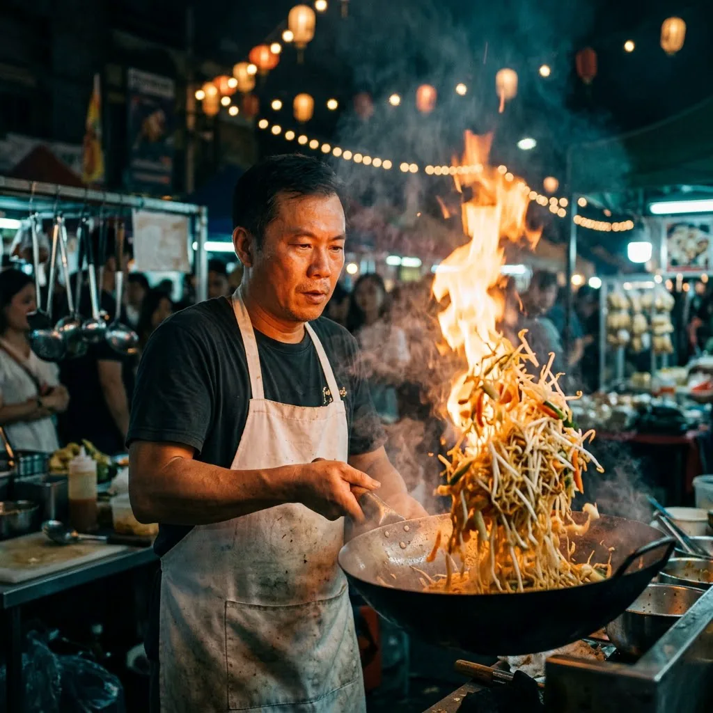Night-market chef in a white apron tossing noodles from a flaming wok under strings of warm bulbs