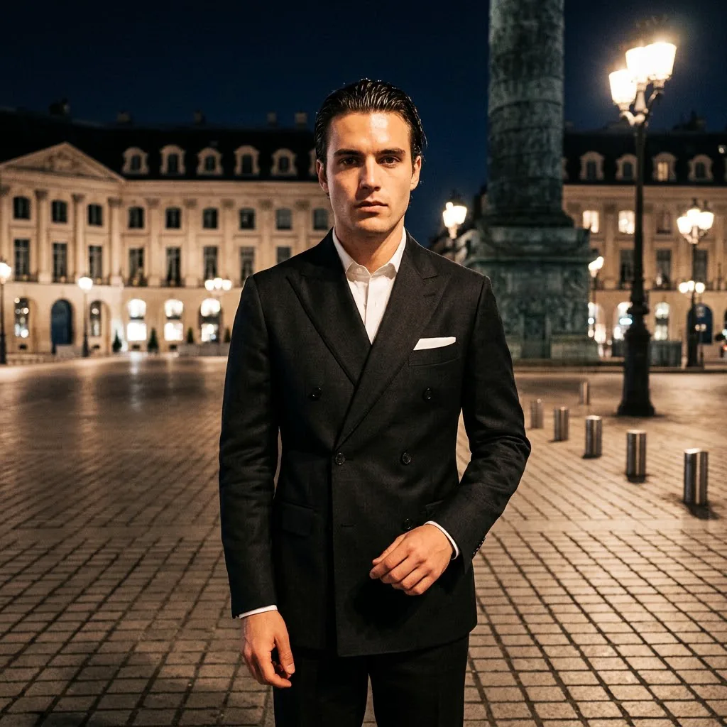 Young man in a black double-breasted suit standing on cobblestones in a lamplit classical square at night, a monument column behind him