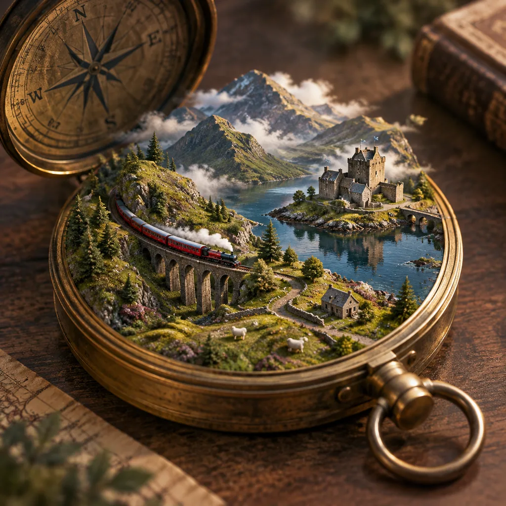 Stylized 45-degree miniature diorama with the Scottish Highlands with a castle, loch and red train rising from a vintage pocket compass