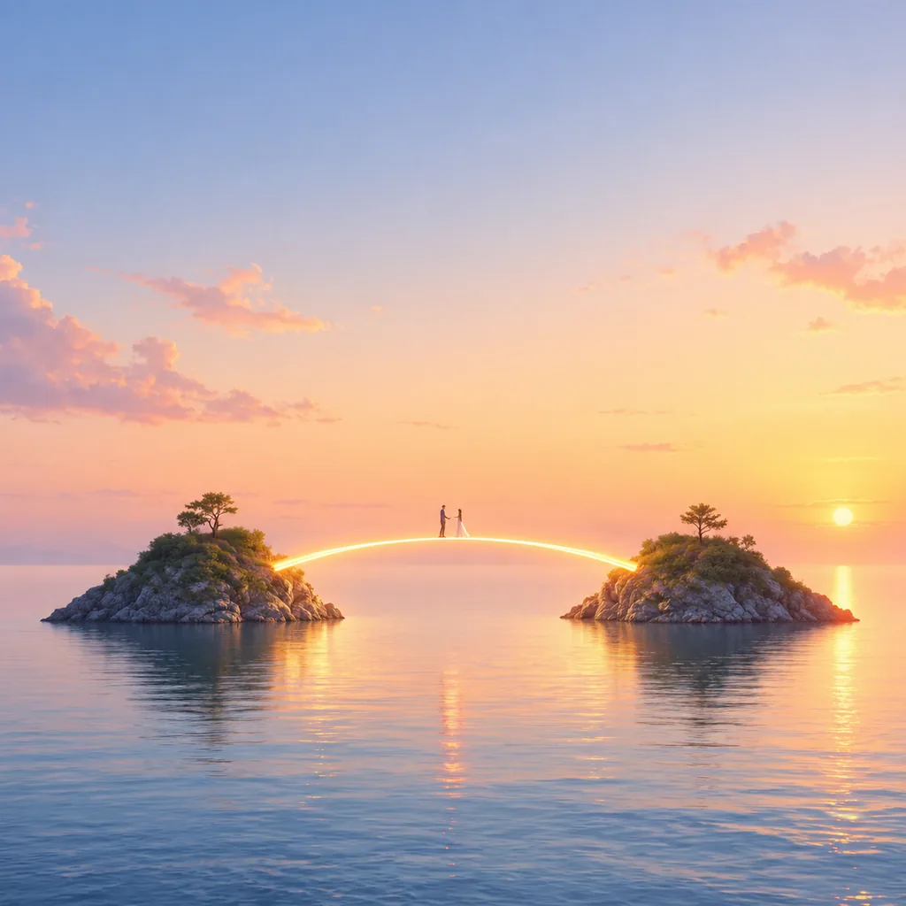 Two rocky islands connected by a glowing bridge of light at dawn