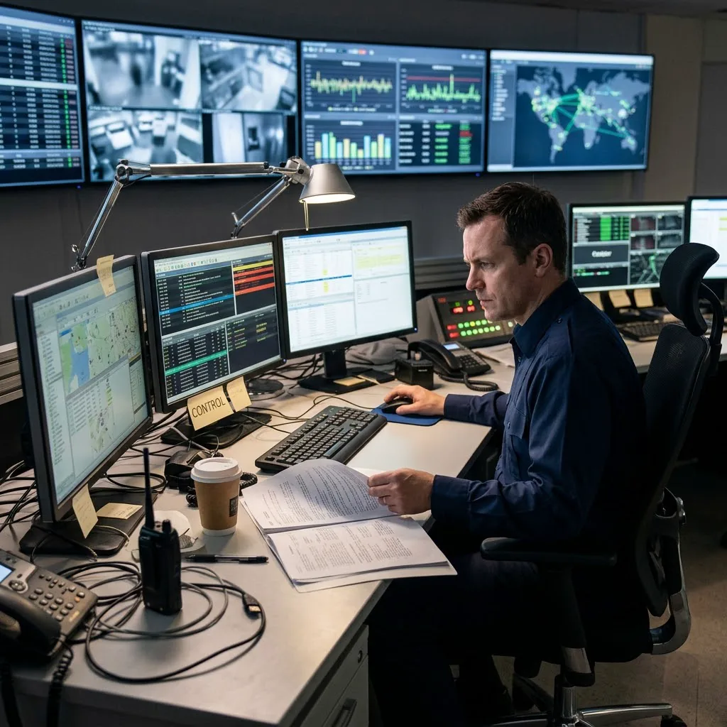Man working at a desk in a control room surrounded by many monitors showing charts, maps and camera feeds