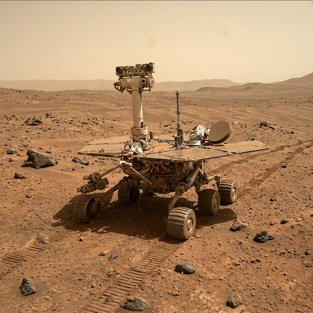 由单词提示词 Opportunity 生成：一辆探测车独自停在雾蒙蒙天空下的红色火星荒原上