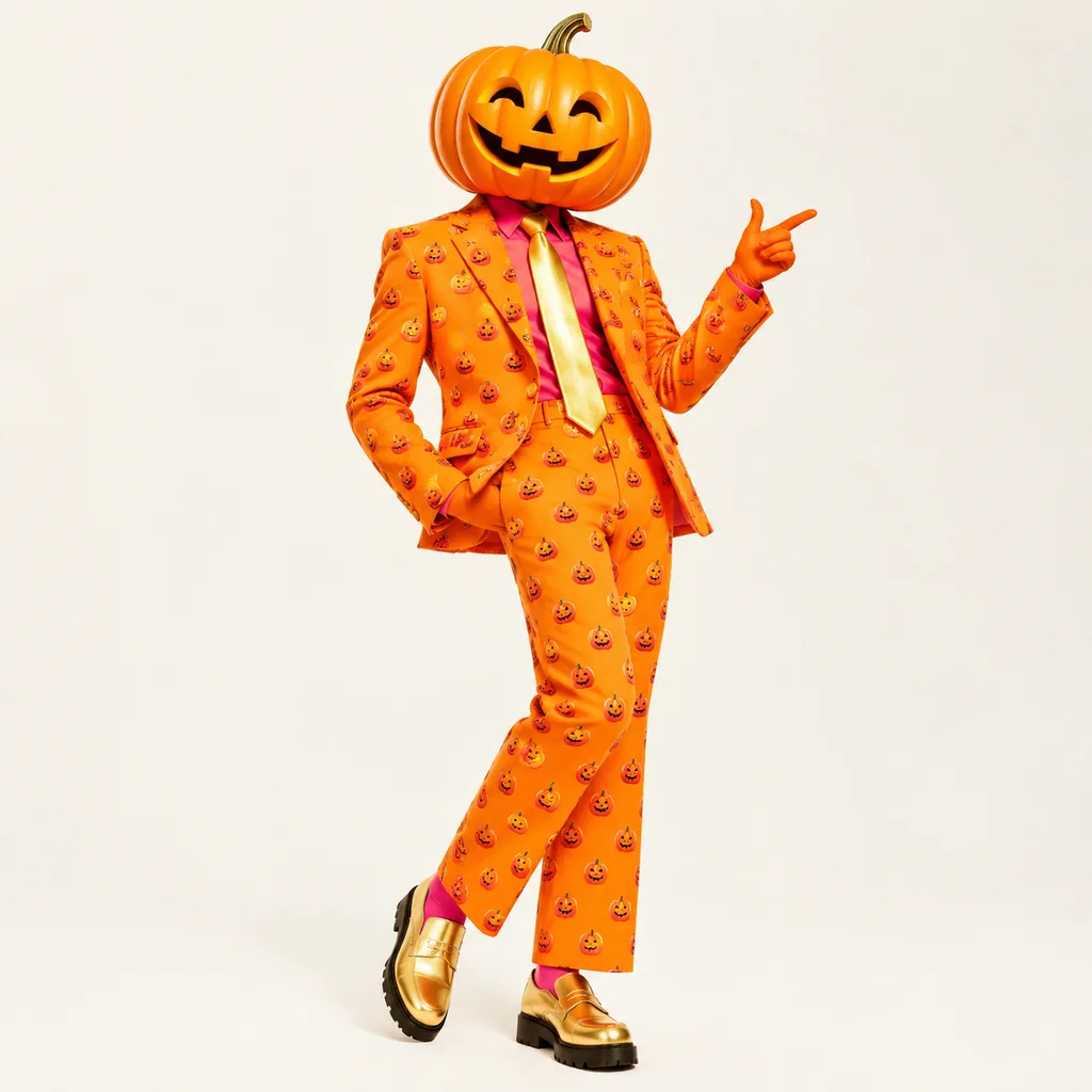Smiling pumpkin-headed model in a vivid orange patterned suit