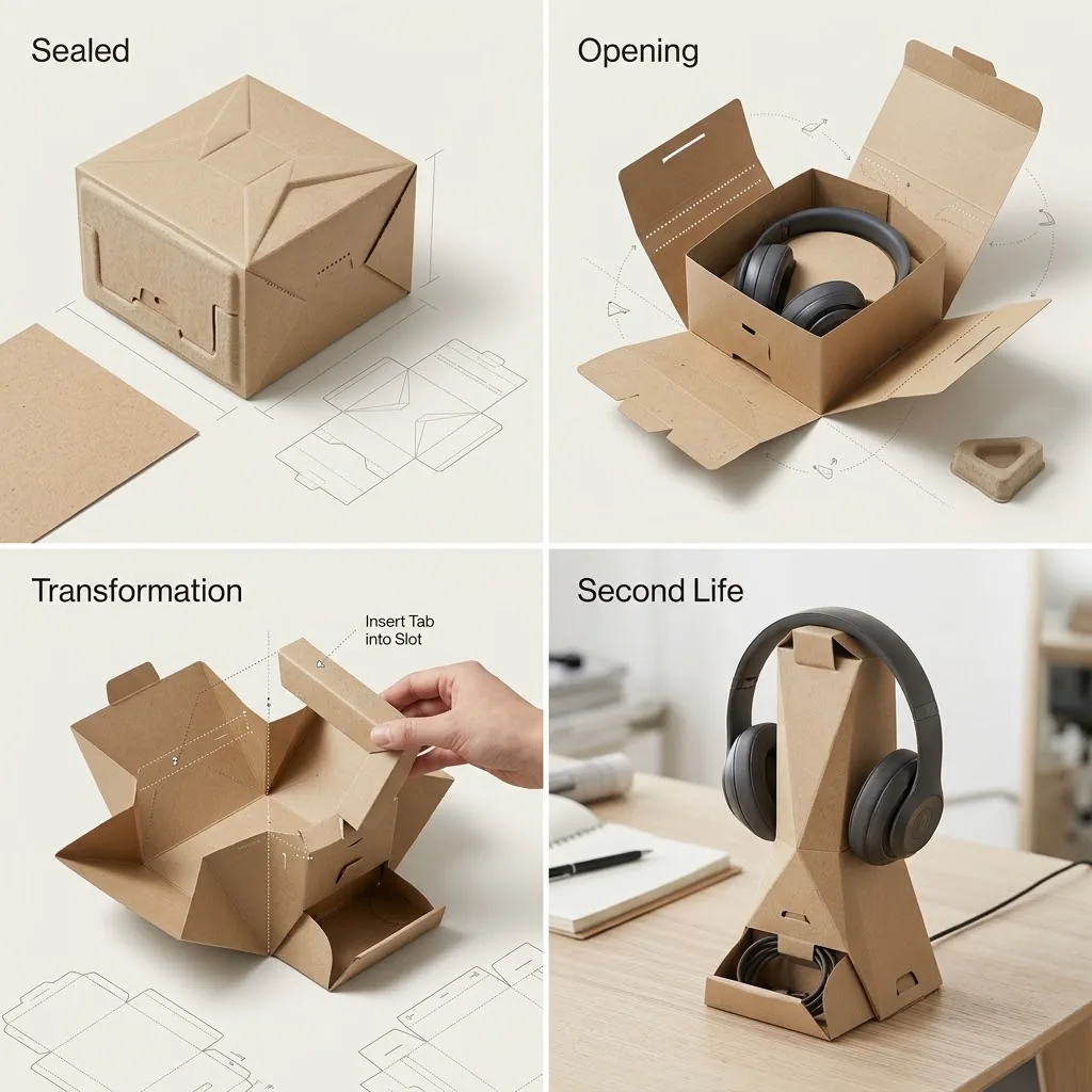 2x2 sheet of headphone packaging going from sealed box to opened, unfolding and finally a desk stand holding headphones