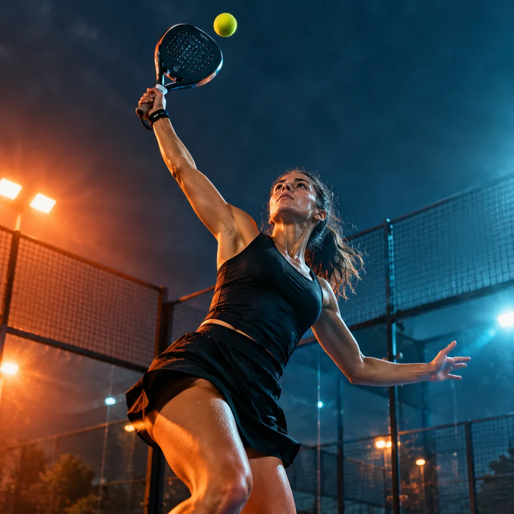 Padel athlete frozen at the top of an overhead smash under orange and cyan light