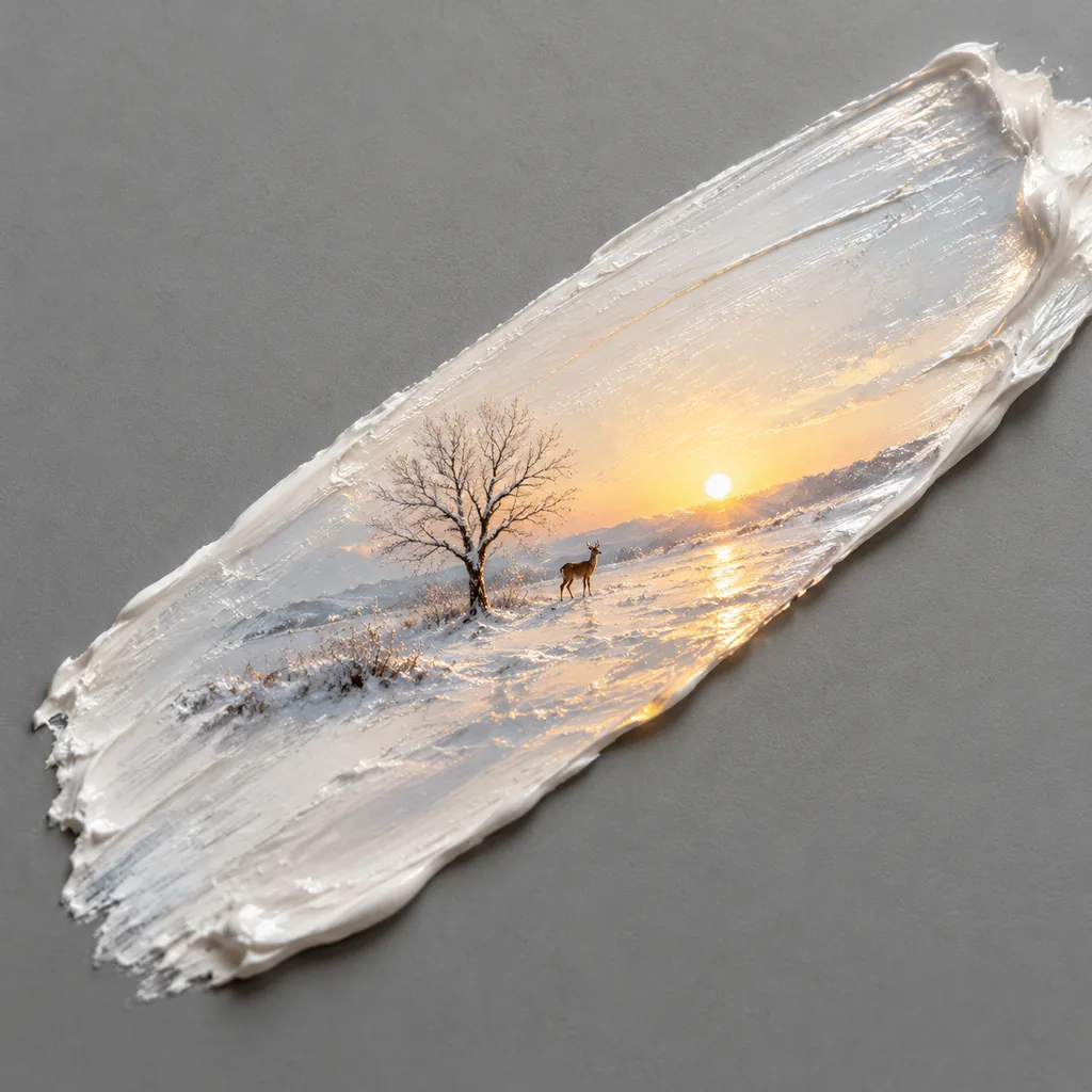 Thick white paint stroke on grey paper revealing a tiny winter sunset scene with a frosted tree and a deer on snow