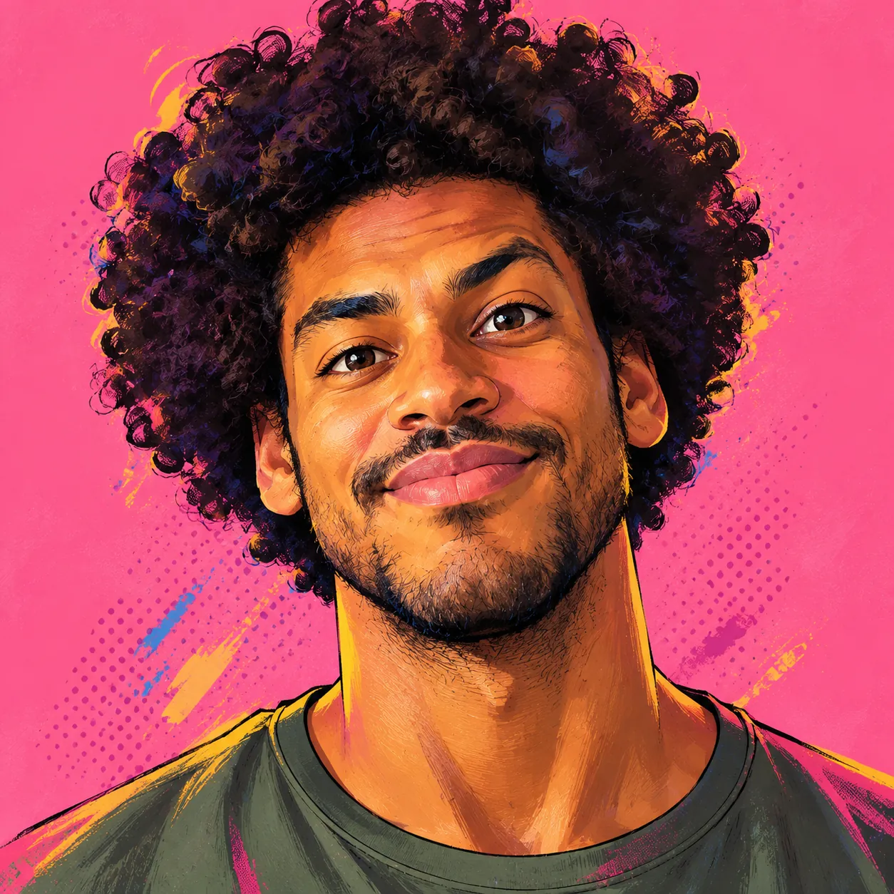 Painterly cartoon portrait of a smiling man with a curly afro and stubble, bold lines, halftone dots and paint splashes on a hot pink background