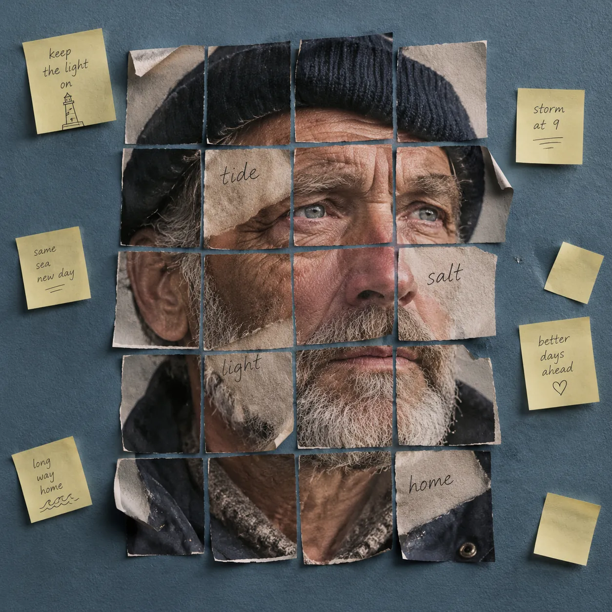 Portrait of an old bearded man in a knit cap made from curled paper squares pinned to a slate-blue wall, words tide, salt, home written on pieces, yellow sticky notes