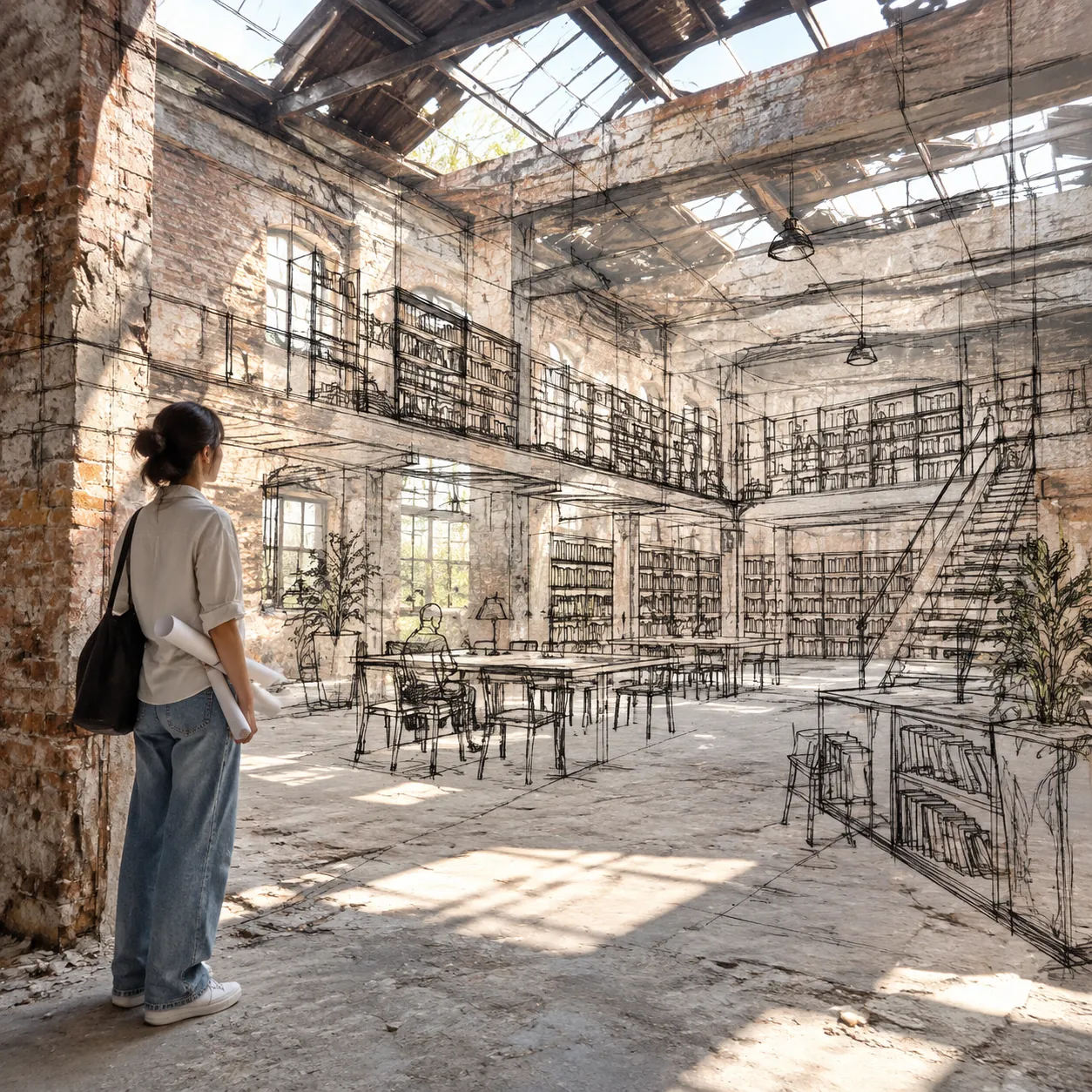 Woman seen from behind at the edge of a derelict brick warehouse with broken skylights, ink sketches of library shelves, mezzanines and tables overlaid