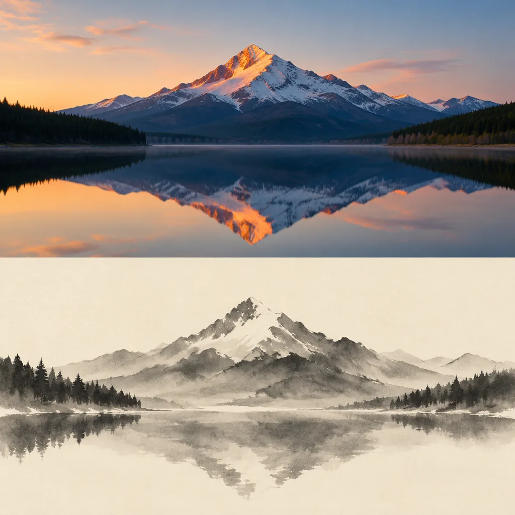 Mountain reflected in a lake as a photo above and ink wash below