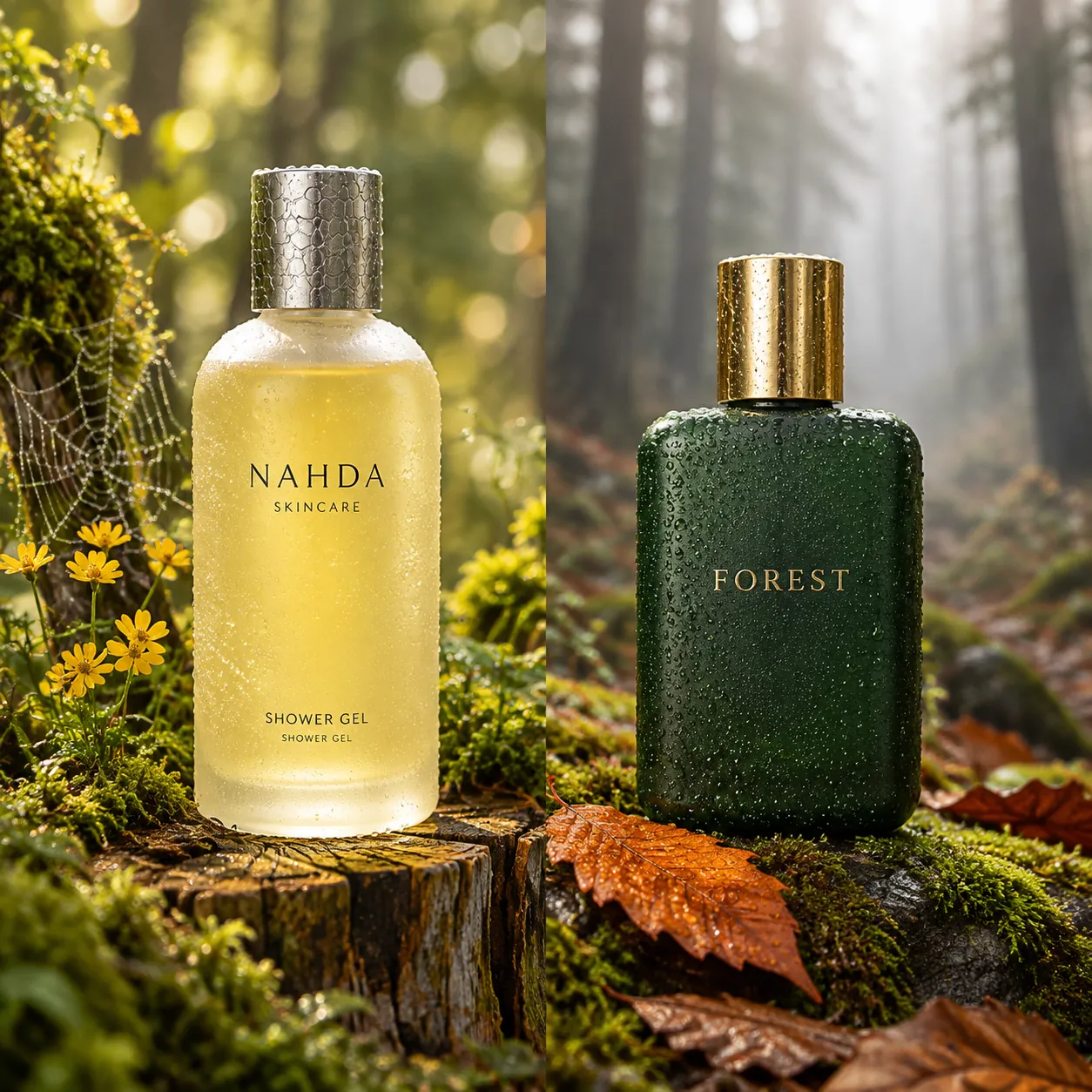 Frosted shower gel bottle with a silver cap and a matte green perfume bottle with a gold cap on a mossy stump in a sunlit forest, with wildflowers and leaves