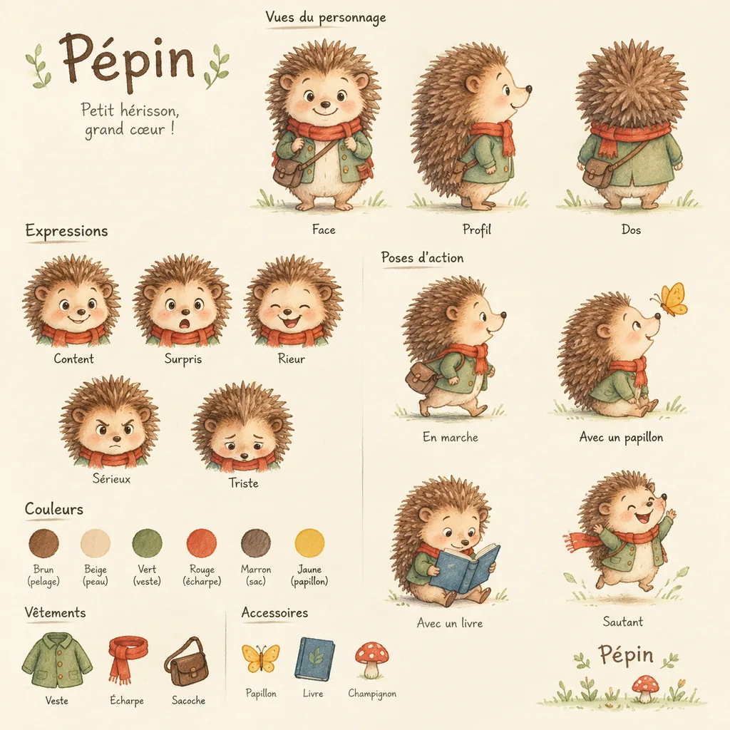 Watercolor character sheet of a hedgehog named Pépin in a green jacket and red scarf, with front, side and back views, facial expressions, action poses, colour palette and accessories on cream paper