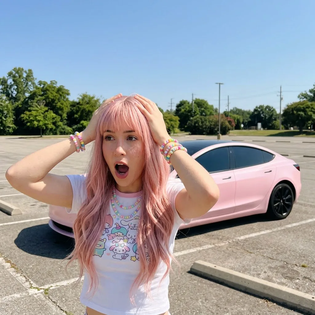 Pink-haired young woman gasping with hands on her head in front of a pastel-pink sports sedan in a sunny parking lot
