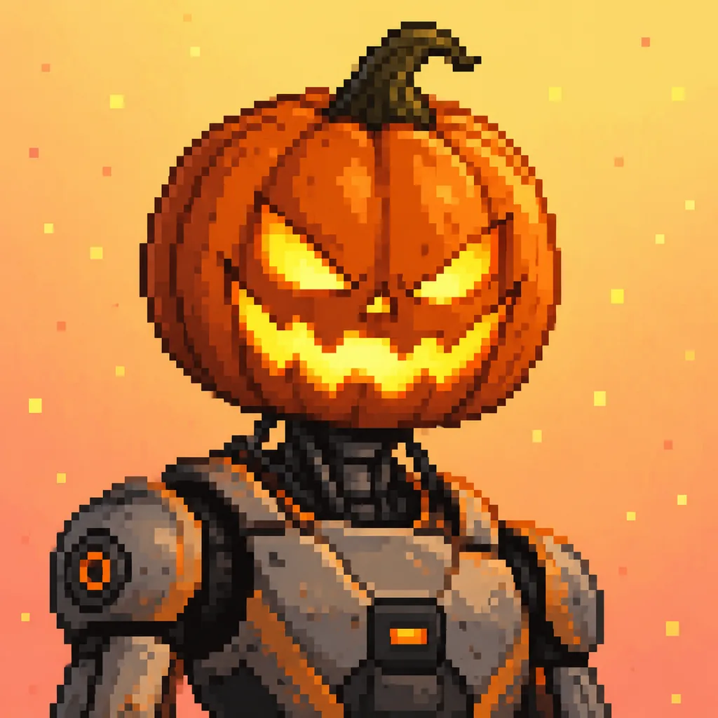 Pixel-art robot with a glowing jack-o'-lantern head