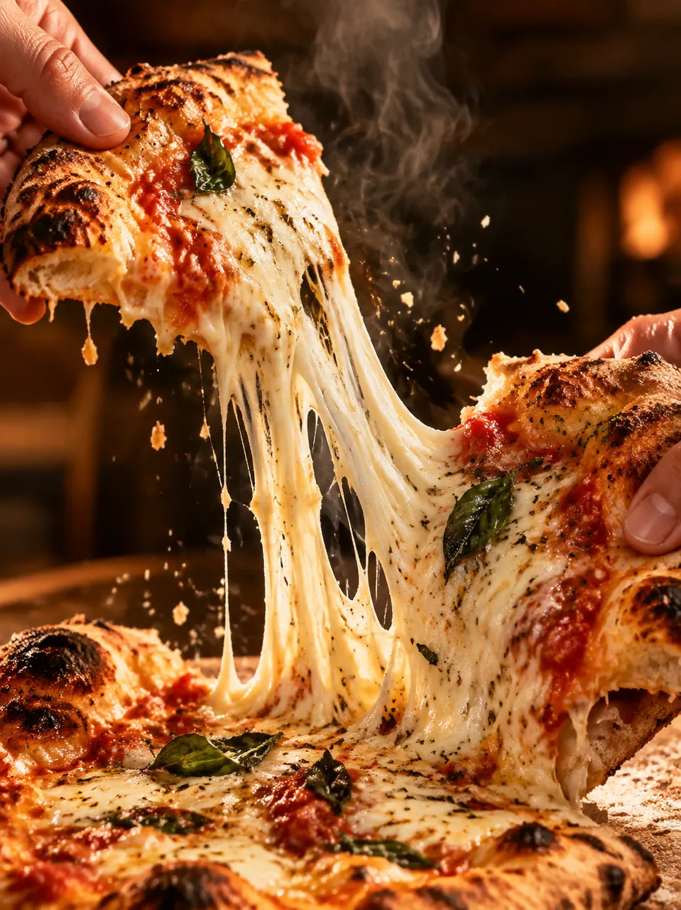 Two hands pulling a slice from a wood-fired pizza with long stretchy mozzarella strands, basil leaves, steam and crumbs in warm light