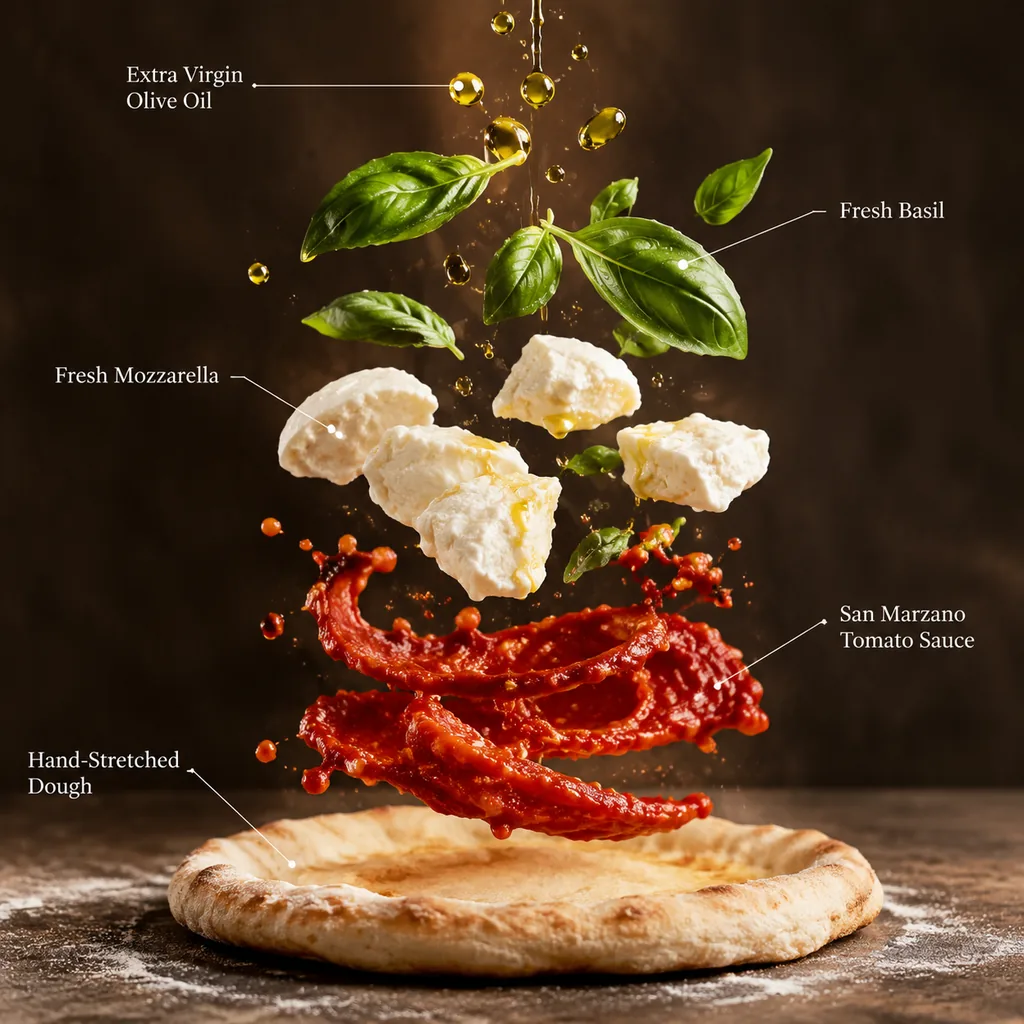 Exploded Margherita pizza with floating mozzarella basil and sauce