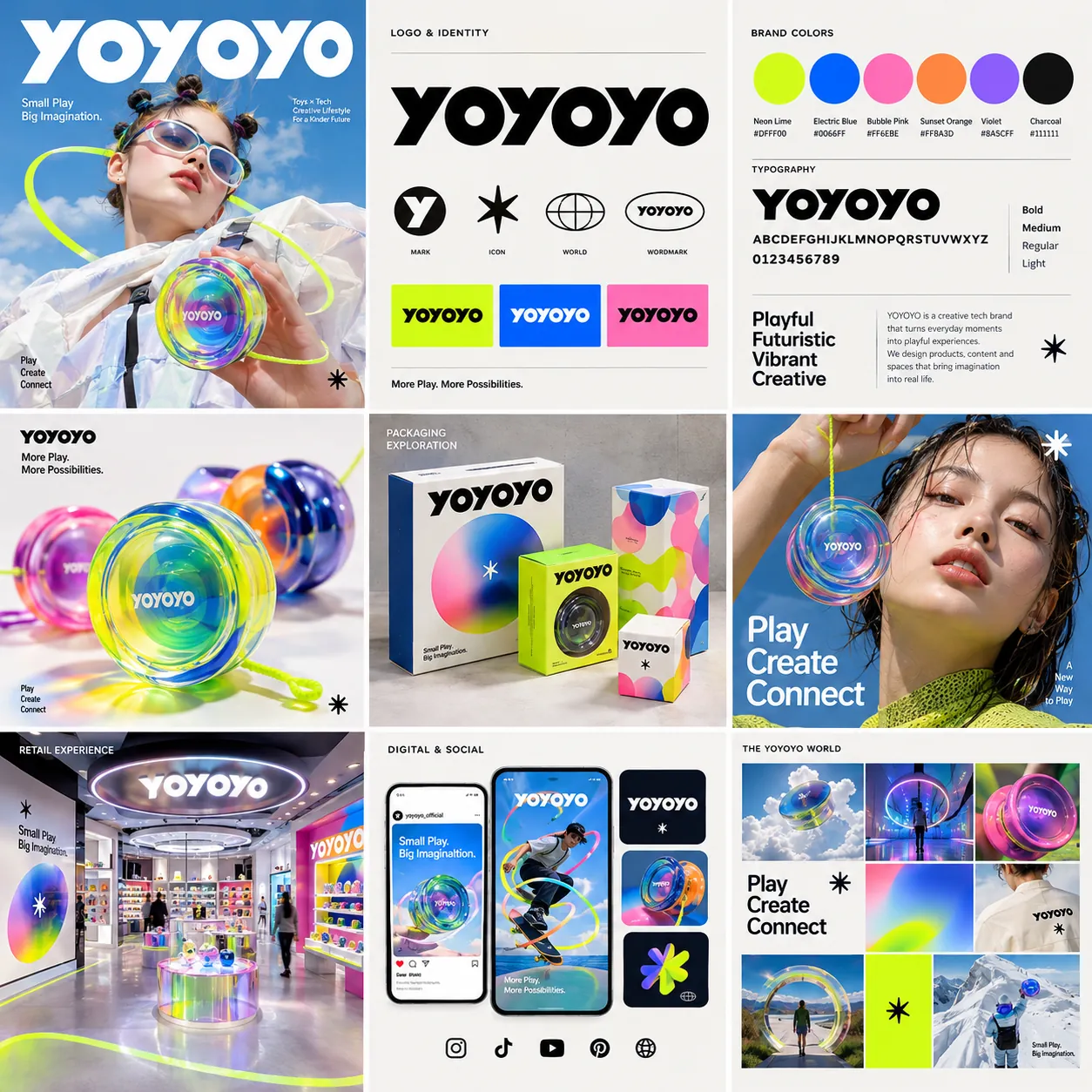 YOYOYO 品牌手册九格拼版：Logo 与图标、色板与字体、彩虹悠悠球包装、人像、霓虹门店和手机样机