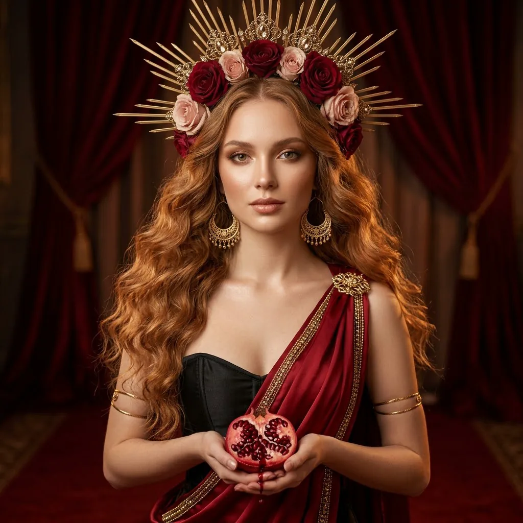 Goddess in a gold sunburst crown with roses holding a cut pomegranate, wearing a red satin Grecian wrap before velvet drapes