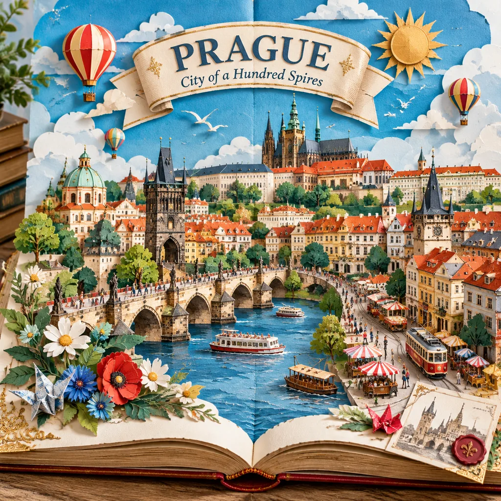 Vintage pop-up book with layered paper Prague castle, Charles Bridge, river and a PRAGUE title banner under a paper sky