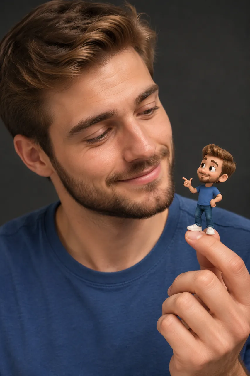 Smiling bearded man in a blue t-shirt looking at a tiny 3D cartoon version of himself standing on his fingertips against a dark backdrop