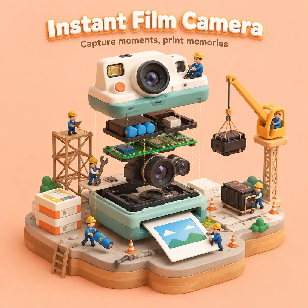 Clay-style isometric diorama of an instant film camera exploded into layers with tiny workers assembling it on a floating island