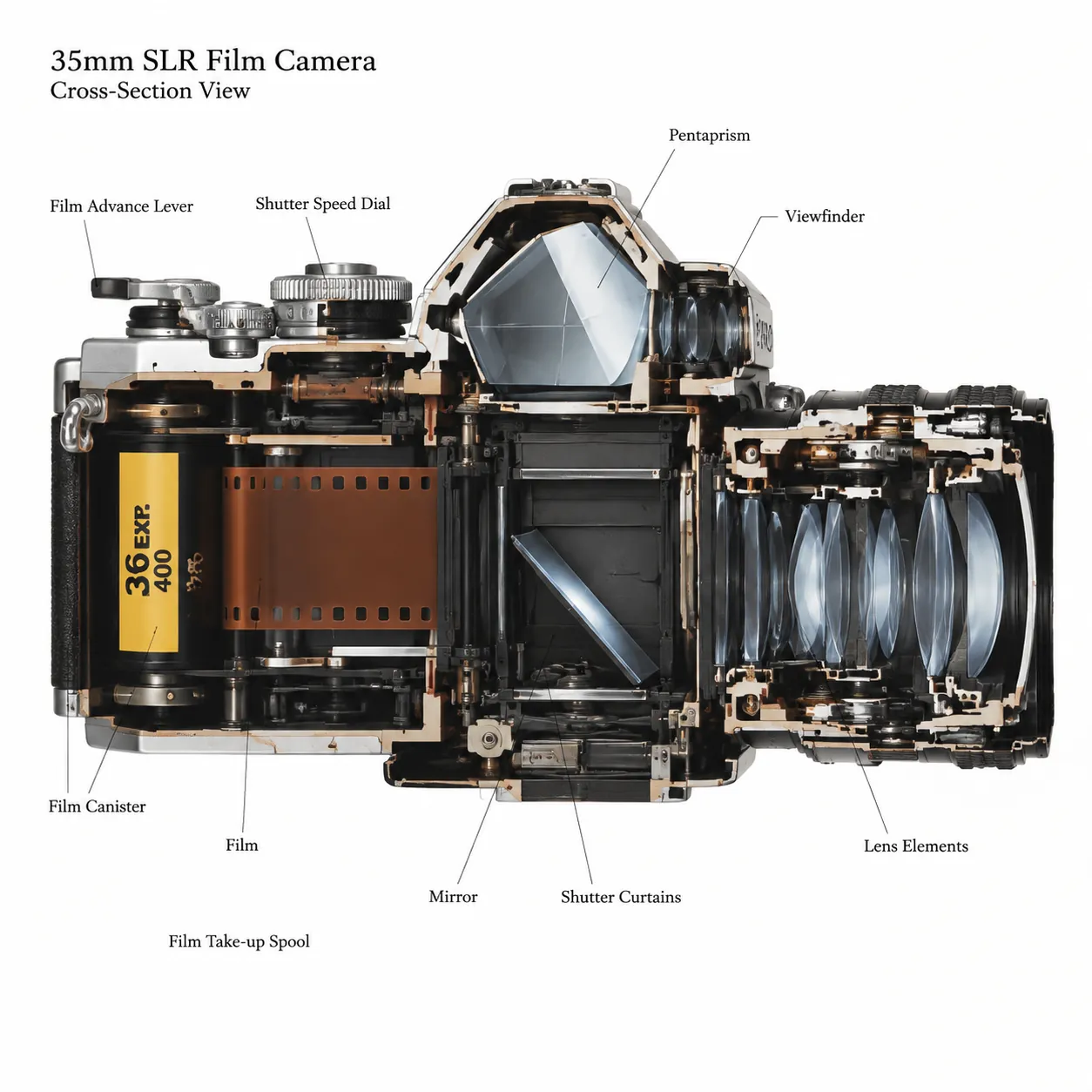 Cross-section cutaway illustration of a 35mm SLR film camera on white, showing a pentaprism, mirror, shutter, lens elements and film canister with labels
