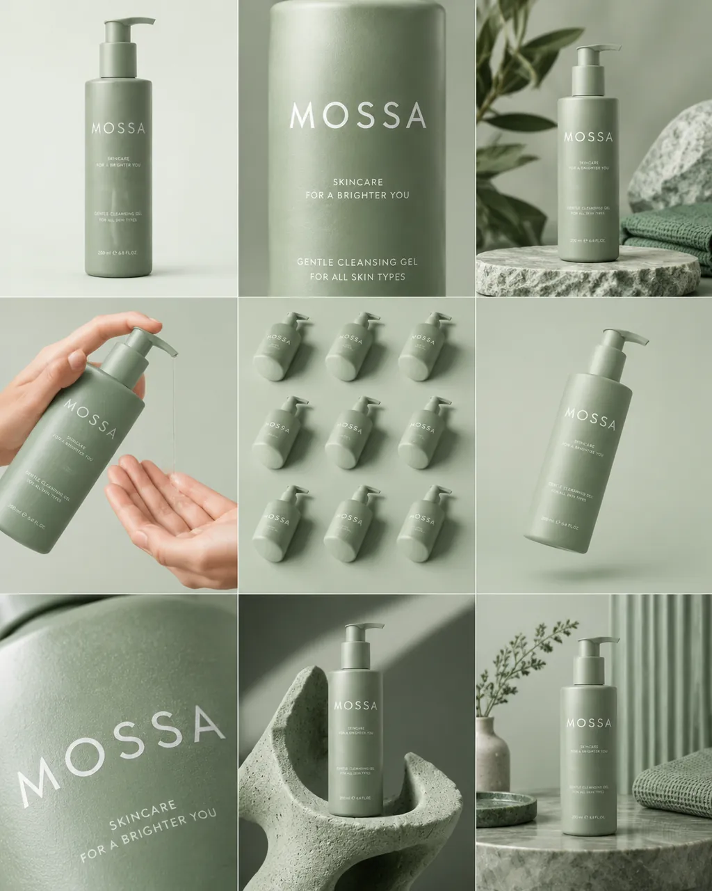 Nine-panel storyboard of a sage-green MOSSA pump bottle: hero shot, label close-up, hands using it, isometric arrangement and stone props