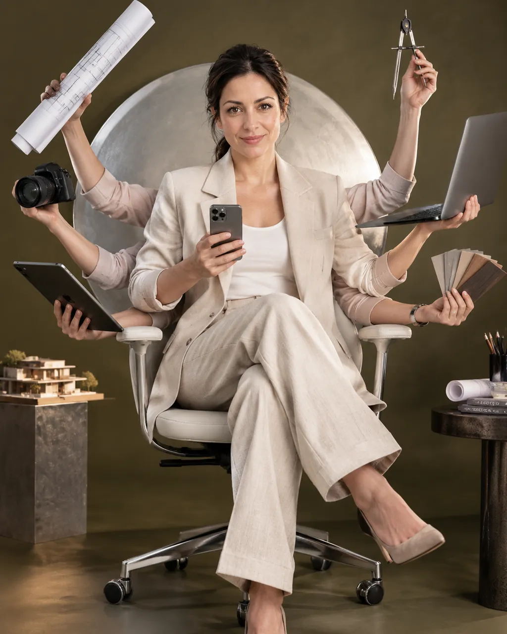 Woman in a beige suit seated cross-legged on a white office chair with several extra arms holding a phone, drawings, a compass, camera, tablet and laptop