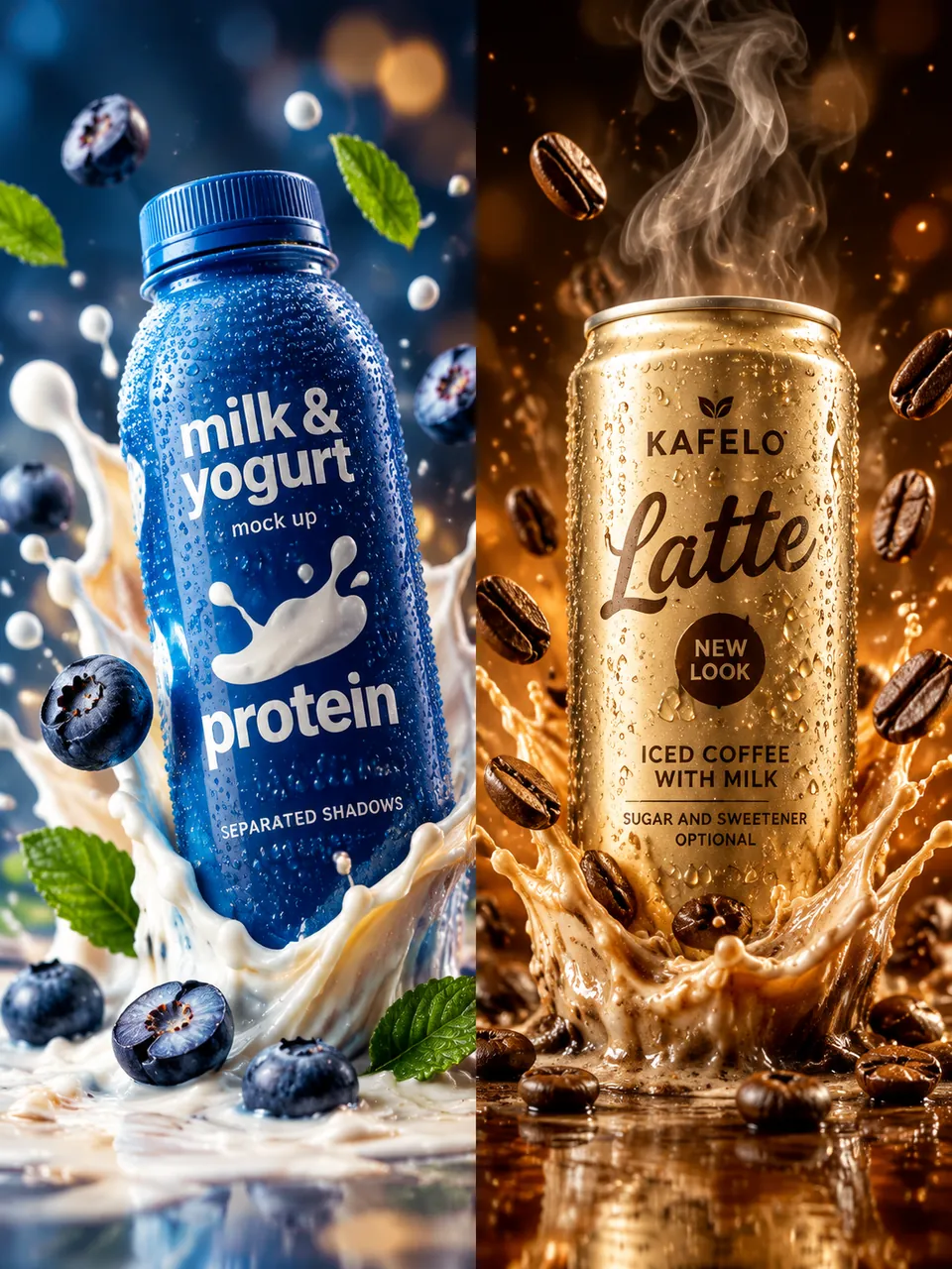 Two drink ads side by side: a matte blue protein bottle in a milk splash with blueberries, and a gold KAFELO latte can with flying coffee beans and steam