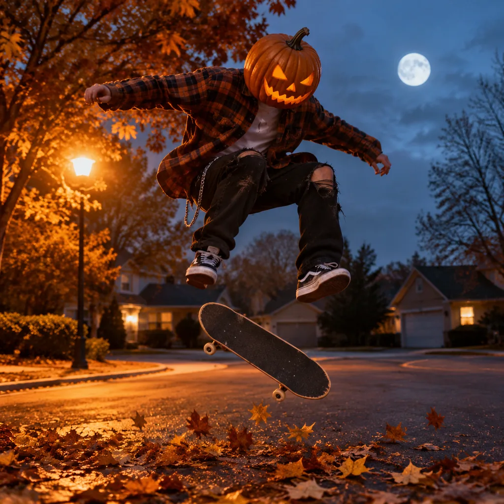 Pumpkin-headed skater frozen mid-kickflip over autumn leaves