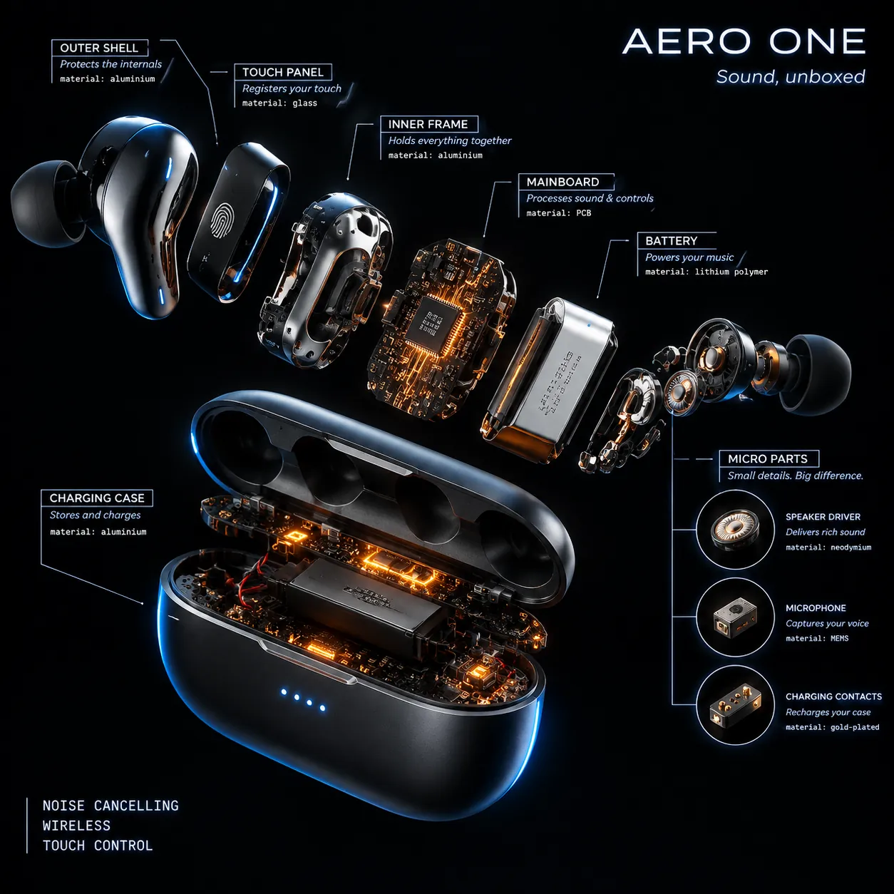 Radial exploded view of AERO ONE wireless earbuds and charging case on black, labeled shells, touch panels, mainboards, batteries and micro-part circles