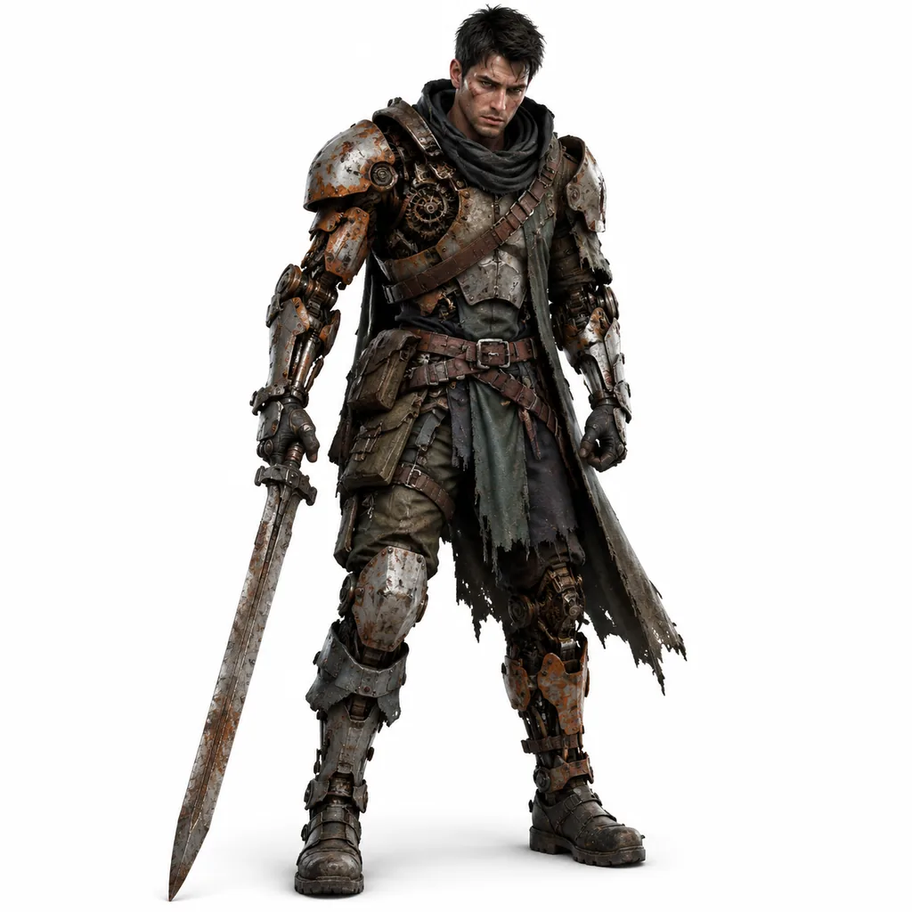 Cinematic 3D render of a fantasy adventurer in armour made from recycled robot parts, white background