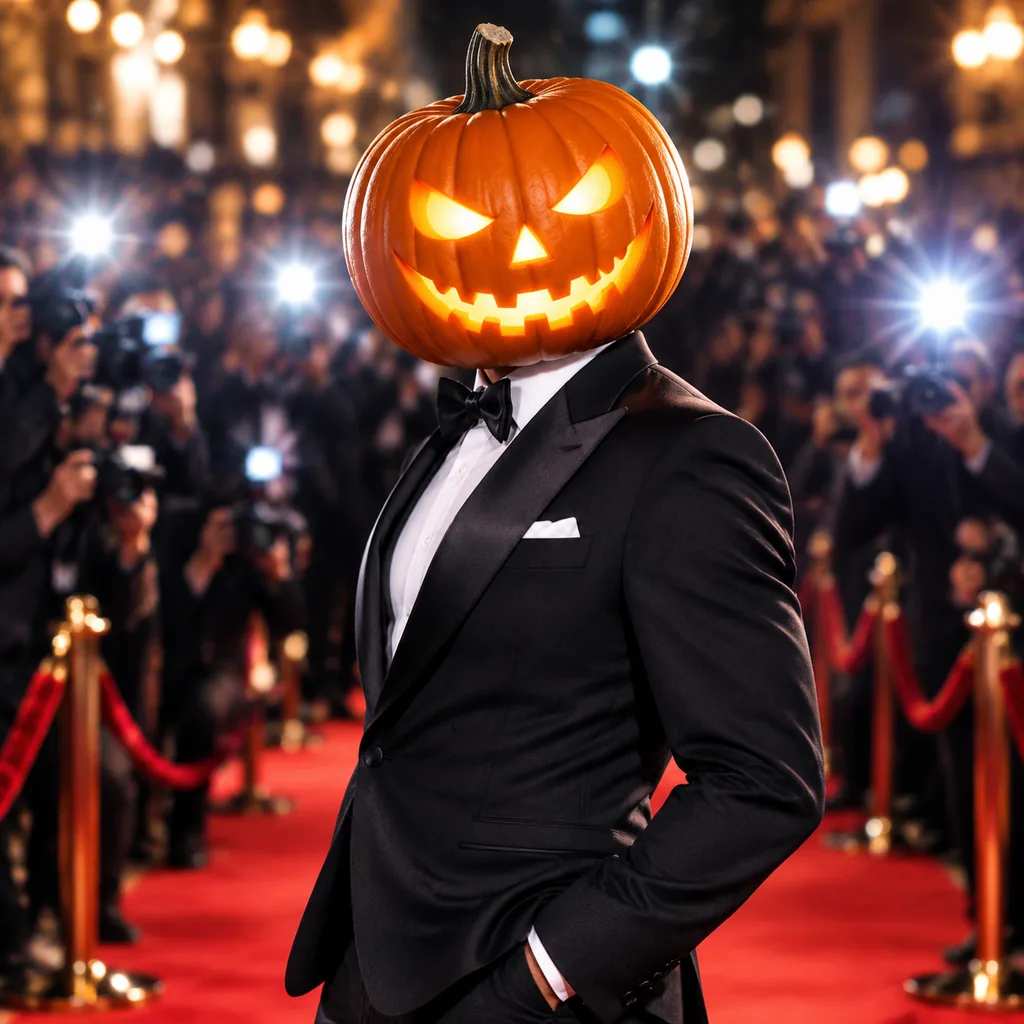 Glamorous pumpkin-headed figure on a red carpet under paparazzi flash